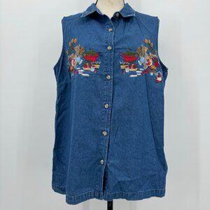 vtg teddy bear embroidered denim button down vest women’s Large cottagecore boho